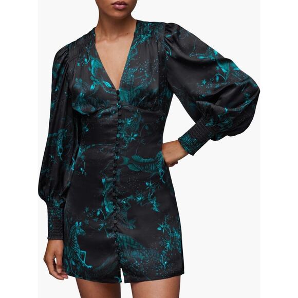 ALLSAINTS Auden Cosmic Print Mini Dress Womens 2 Black Teal Long Sleeve Animals